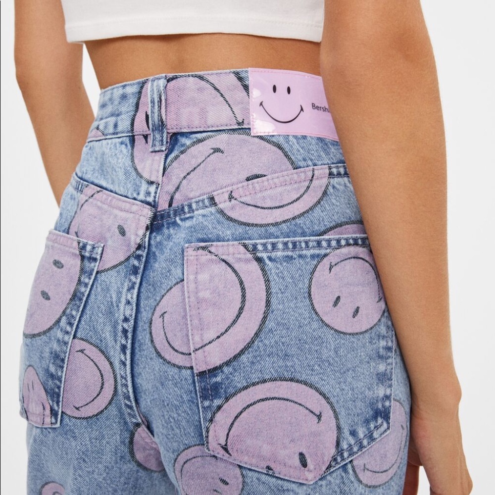 Bershka smiley face smile print straight leg jeans